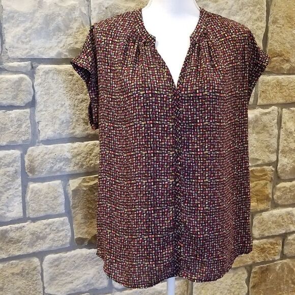 Pleione Blouse Size Medium Black Printed Short Sleeve - Picture 1 of 6